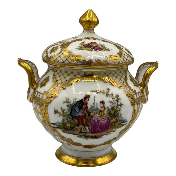 Antique Dresden Ohme Germany Creamer & Sugar Hand Painted Watteau Scenes Gold - Picture 6 of 16